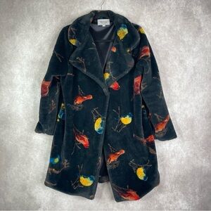 Melody Korea Bird Print Faux Fur Coat Jacket In Black Size S/M